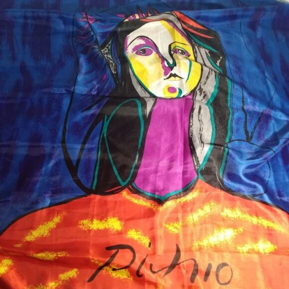 Pichio: Multi color face portrait art print scarf. Measures approx. 34" X 34". - Picture 4 of 4